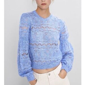 ZARA Alpaca-Blend Whimsical Blue Open Lace Detail Knit Sweater Top in Size M